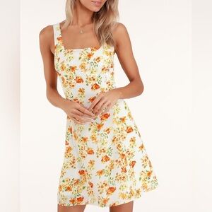 Lulus Day Date White and Orange Floral Print Tie-Back Dress
